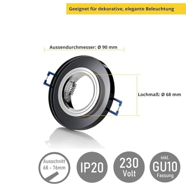 GU10 Einbauspots LED - Einbaustrahler Flach Rund Glas Schwarz - LED Deckenstrahler mit Klickverschluss