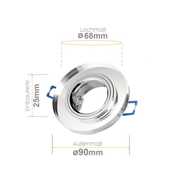 Led Spots 230V - LED Einbaustrahler GU10 Flach Glas Transparent - Einbaurahmen ohne Leuchtmittel mit Klickverschluss - 25 mm Einbautiefe