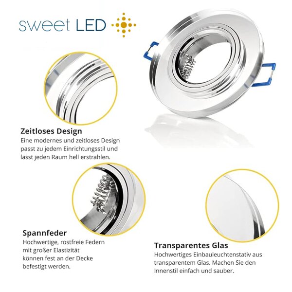 Led Spots 230V - LED Einbaustrahler GU10 Flach Glas Transparent - Einbaurahmen ohne Leuchtmittel mit Klickverschluss - 25 mm Einbautiefe