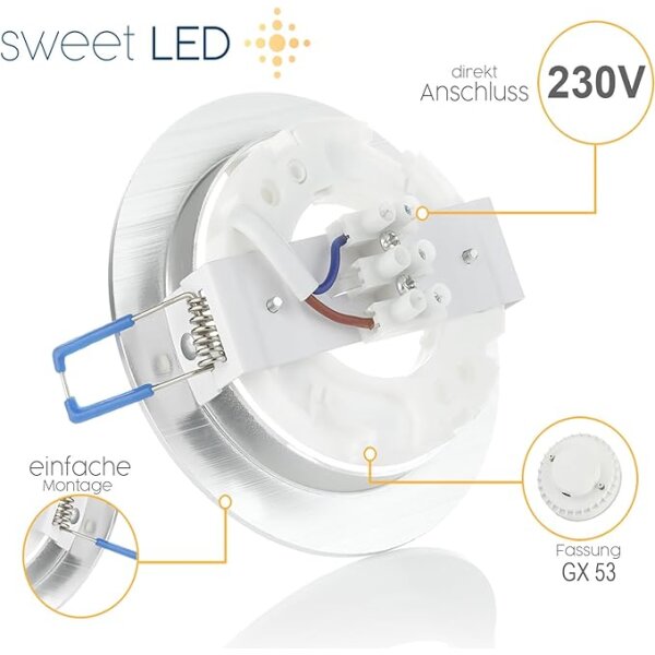 LED Einbaustrahler flach in Alu gebürstet GX53 LED  - deckenstrahler LED 230 Volt 8W 750 Lumen - Lochmaß 95mm - LED Spots decke 4000K - 3er Sparpack
