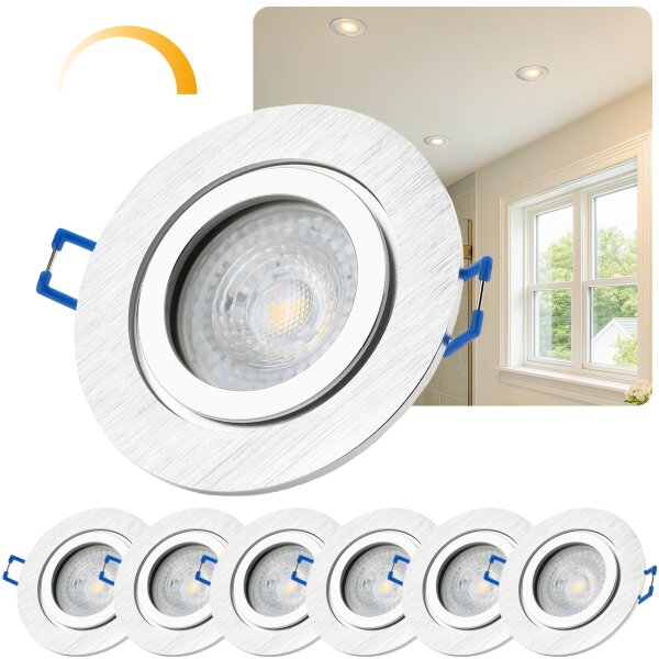 Dimmbare LED Badezimmer Spots IP44 Silbern Gebürstet | 230V Einbaustrahler 7W 6er Set