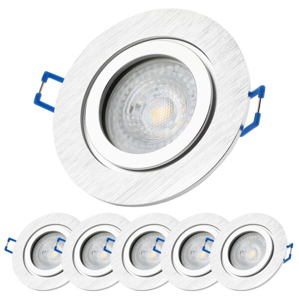 LED Einbaustrahler IP44 230V - GU10 7W  68 mm Lochbohrung Warmweiß - LED Deckenleuchte Dimmbar Aluminium Gebürstet - 6er SET Sparpack