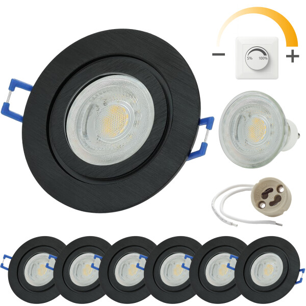LED Einbaustrahler 230V Bad Aluminium - Led Deckenleuchte IP44 GU10 7 Watt dimmbar warmweiß - LED Spots Decke schwarz gebürstet - 6er Sparpack