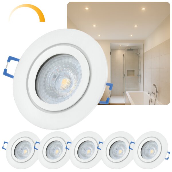LED Einbaustrahler IP44 Bad Dimmbar 6er Set | Warmweiß 7W | Weiß Matt Alu Spot 230V Ø 68mm