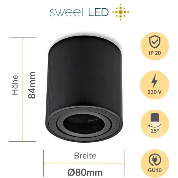 4er Set LED Aufbauspot GU10 Schwenkbar Schwarz Gebürstet | Aufbaustrahler 230V Aluminium Rund