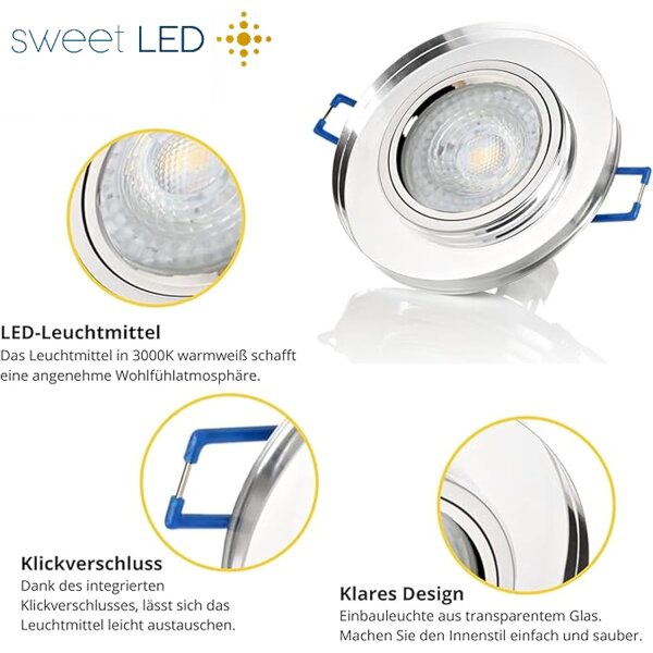 LED Einbaustrahler Glas 7W GU10 230V | 6er Set 3000K Transparent