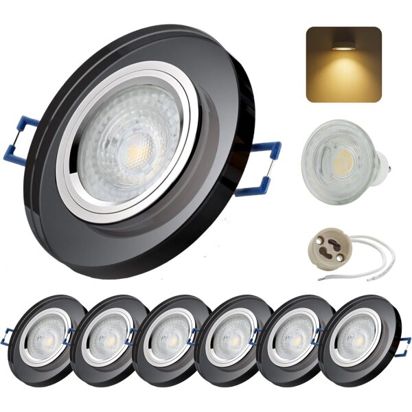 LED Einbaustrahler Glas 7W GU10 230V | Spot 6er Set 3000K Schwarz
