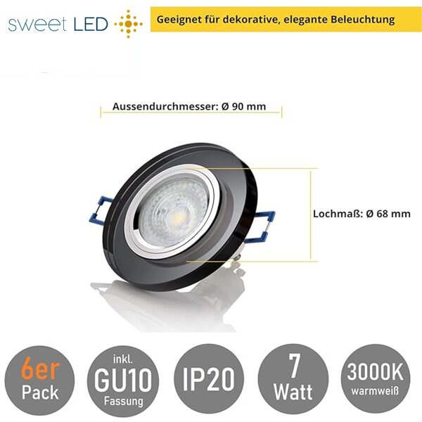 LED Einbaustrahler Glas 7W GU10 230V | Spot 6er Set 3000K Schwarz