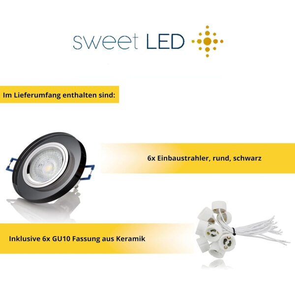 LED Einbaustrahler Glas 7W GU10 230V | Spot 6er Set 3000K Schwarz