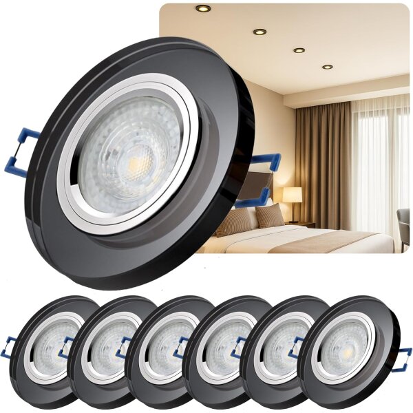 LED Einbaustrahler Glas 7W GU10 230V | Spot 6er Set 3000K Schwarz
