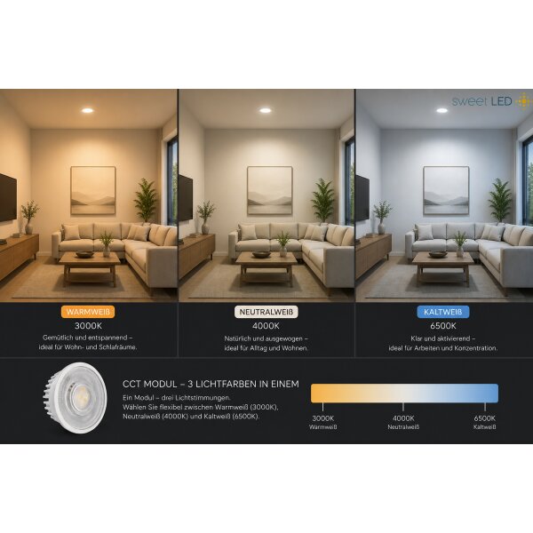 LED Einbaustrahler flach 230V 3er Set | Schwenkbar LED Deckenspots mit austauschbarem 3 CCT LED Modul 5W Silber