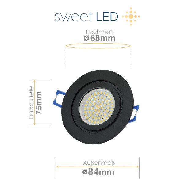 Einbaustrahler Bad 230V - LED Leuchtmittel Aluminium rund schwarz gebürstet Lochmaß 68mm - Led Spots Decke IP44 Bad 3 Watt warmweiß - 6er Sparpack