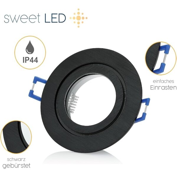 Einbaustrahler Bad 230V - LED Leuchtmittel Aluminium rund schwarz gebürstet Lochmaß 68mm - Led Spots Decke IP44 Bad 3 Watt warmweiß - 6er Sparpack