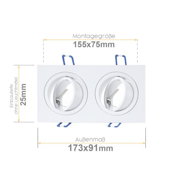 Led Einbaustrahler GU10 Flach - Doppel Einbaurahmen LED ohne Leuchtmittel - Einbauspots 230V Aluminium Eckig 2x GU10 Weiß Matt Schwenkbar