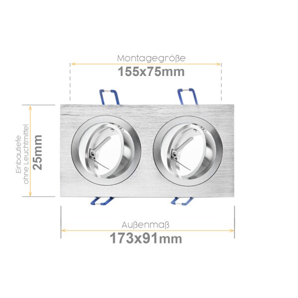 Doppel LED Einbaurahmen ohne Leuchtmittel - Led Einbauspots 230V Aluminium Flach Eckig Gebürstet Schwenkbar 2 X GU10 - Spot Strahler Decke