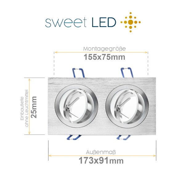 Doppel LED Einbaurahmen ohne Leuchtmittel - Led Einbauspots 230V Aluminium Flach Eckig Gebürstet Schwenkbar 2 X GU10 - Spot Strahler Decke