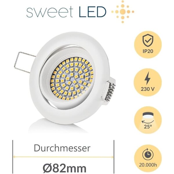 6x LED Einbaustrahler flach 230V – schwenkbare Deckenspots 3.5W 330lm 3000K weiß – Einbautiefe 30mm Sparpack Sweet Led
