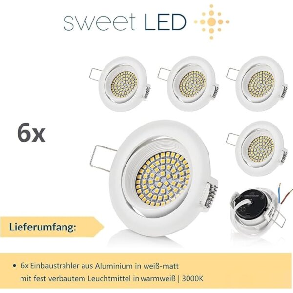6x LED Einbaustrahler flach 230V – schwenkbare Deckenspots 3.5W 330lm 3000K weiß – Einbautiefe 30mm Sparpack Sweet Led