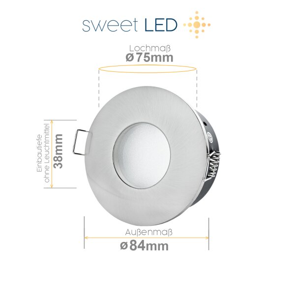 LED Einbaurahmen 230V GU10 - Sparpack 4er SET - Spot Strahler IP54 Flach Aluminium Rund Chrom Gebürstet - 38 mm Einbautiefe