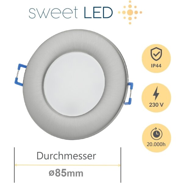 5er Sparpack Einbaustrahler Bad 230V LED - Rund Gebürstet Chromfarbig Flach - Einbauspots LED für Bad IP44 6.5 Watt Kaltweiß