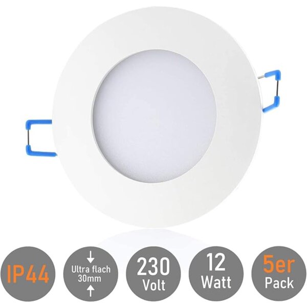 IP44 Einbaustrahler für Bad - LED Leuchtmittel 12 Watt Kaltweiß 6500K - Spots Rund Weiß 30 mm Einbautiefe - 5er SET Sparpack