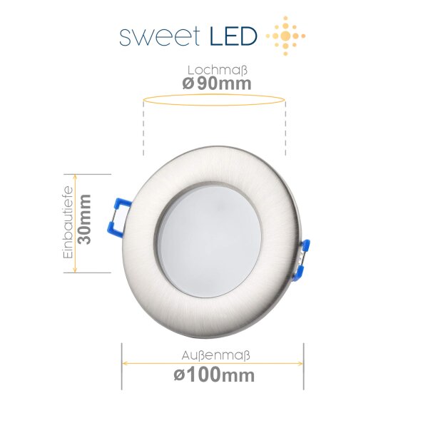 Sparpack - Einbaustrahler Flach Bad LED - Spots Led Rund Chromfarbig gebürstet - Leuchtmittel IP44 12 Watt Warmweiß 5er SET