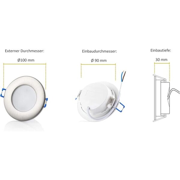 Sparpack - Einbaustrahler Flach Bad LED - Spots Led Rund Chromfarbig gebürstet - Leuchtmittel IP44 12 Watt Warmweiß 5er SET