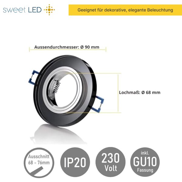 Deckenspots ohne Leuchtmittel - LED Einbaustrahler Flach Rund Glas Schwarz - Spot Strahler mit Klickverschluss - Sparpack