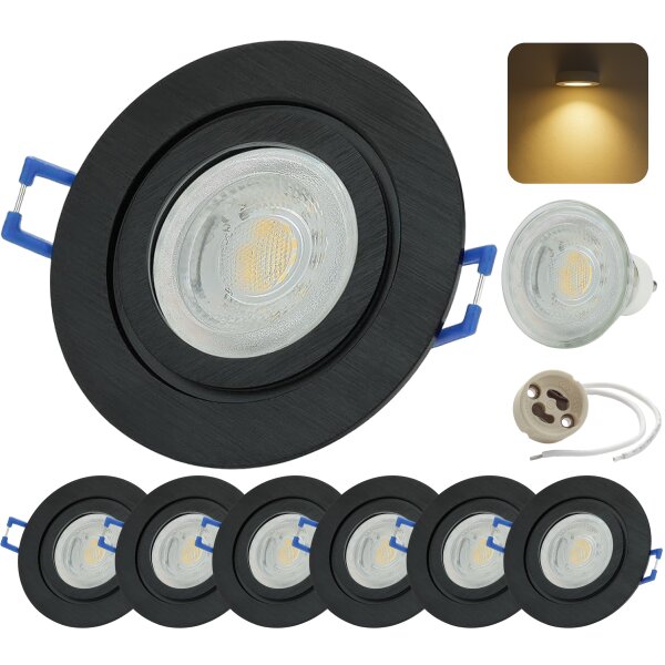 IP44 Deckenstrahler Schwarz Gebürstet für Bad 7W LED 230V | 6er Set Rund