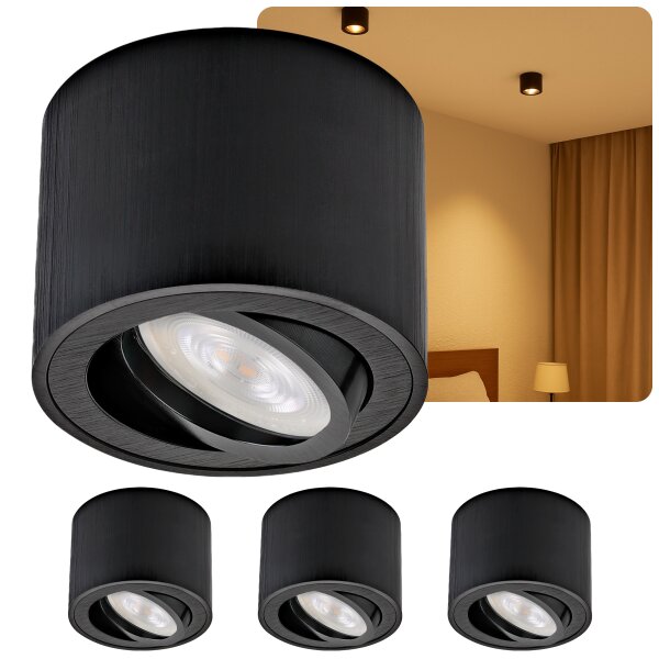 4er Set LED Aufbauspot 230V 50mm Schwarz Gebürstet Schwenkbar | LED Aufbaustrahler 5W warmweiß