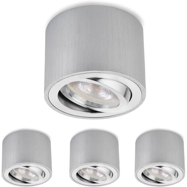LED Aufbauspot flach 50mm - Spots aus Alu rund gebürstet schwenkbar - 230V Aufbaustrahler inkl. LED Modul 5W 3000K - 4er SET Sparpack