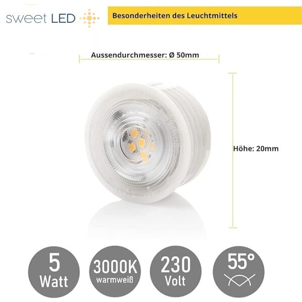 LED Leuchtmittel Modul - Licht Led 5 Watt 50 mm Lochmaß - LED Modul flach SET warmweiß 3000 Kelvin 320 Lumen - 4er Sparpack