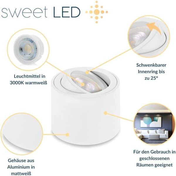 230V Aufbaustrahler flach 50mm Höhe - Deckenspots weiß matt gebürstet - Aufbauspot aus Alu 5W inkl. LED Modul warmweiß - 6er Sparpack