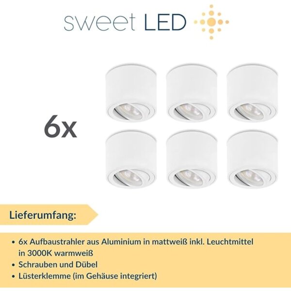 230V Aufbaustrahler flach 50mm Höhe - Deckenspots weiß matt gebürstet - Aufbauspot aus Alu 5W inkl. LED Modul warmweiß - 6er Sparpack