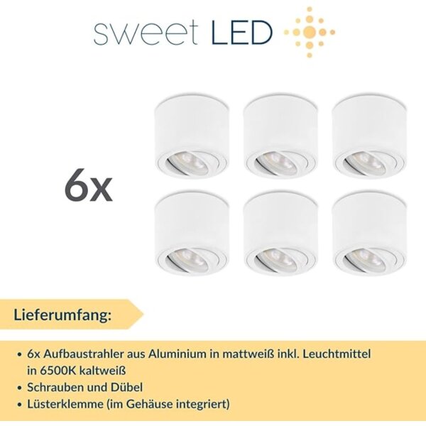 Aufbaustrahler flach weiß matt Aufbauspot Alu 5W LED Modul 6x Aufbauleuchte Sparpack kaltweiß