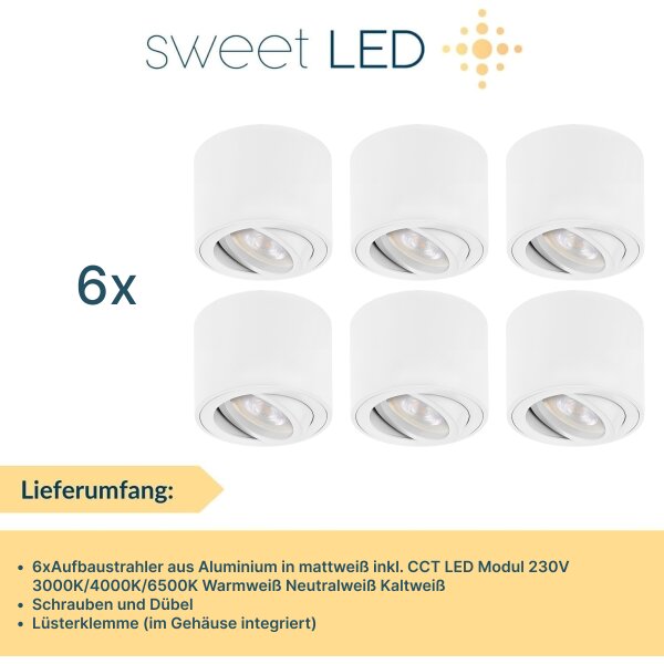 LED Aufbaustrahler Weiß Matt 6er Set | LED Aufbauspot 5W CCT 230V