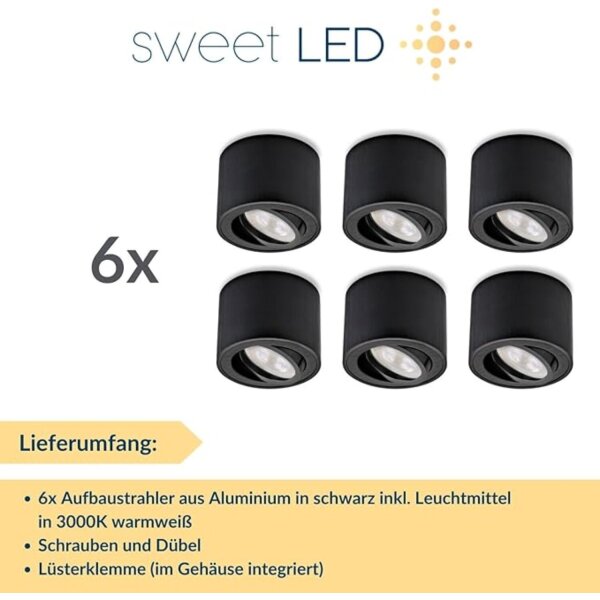 230V LED Aufbauspots 6er Set | Schwarz 5W Warmweiß flach