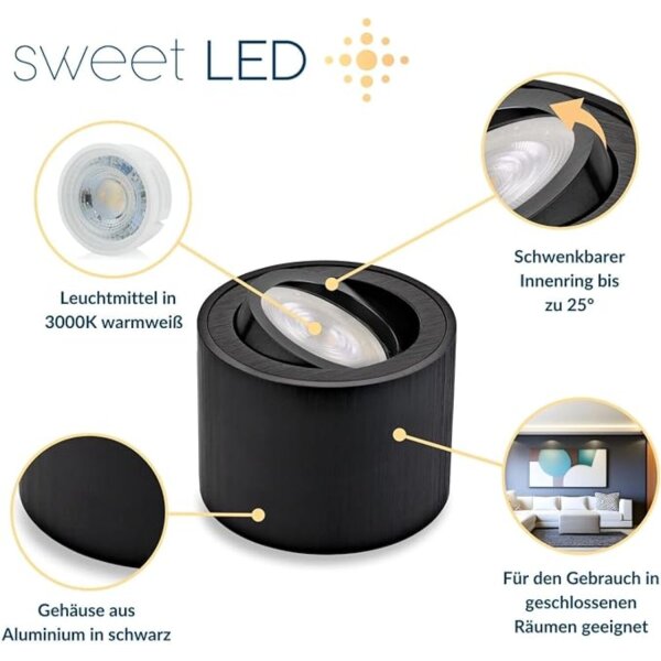 Aufbaustrahler flach Höhe 50 mm - Aufbauspots schwenkbar schwarz gebürstet aus Alu - inkl, LED Modul 5W warmweiß - Sparpack 6er SET