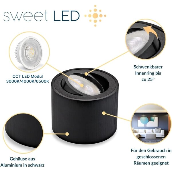 LED Aufbauspot 5W 230V CCT Schwenkbar | Spot 6er Set Schwarz Rund