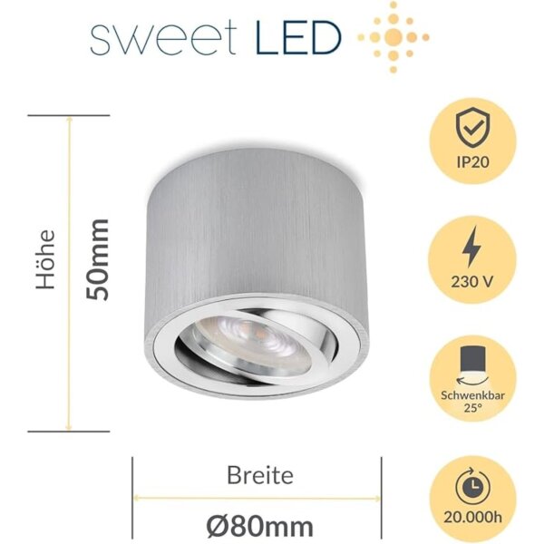 6er Set LED Aufbauspots Alu Gebürstet | 5W Warmweiß 230V Rund