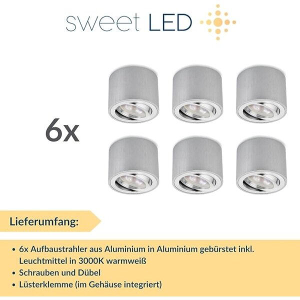 6er Set LED Aufbauspots Alu Gebürstet | 5W Warmweiß 230V Rund