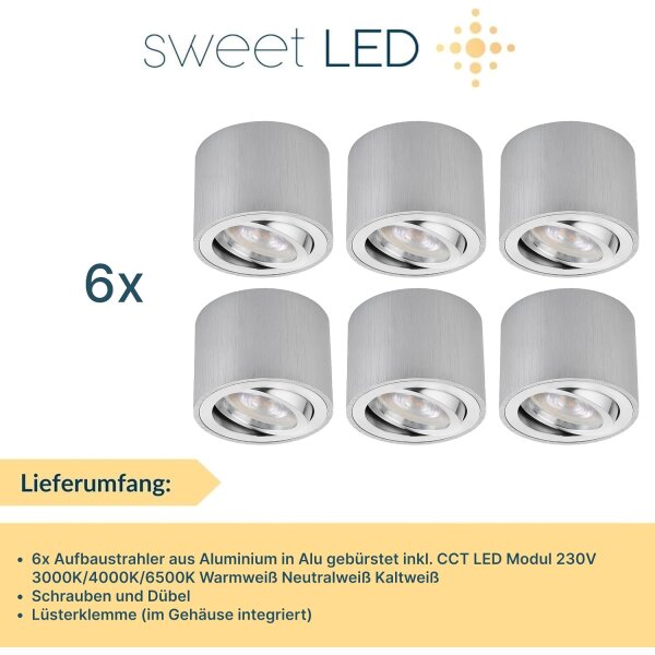 LED Aufbaustrahler 5W 230V CCT Schwenkbar | Spots 6er Set Alu