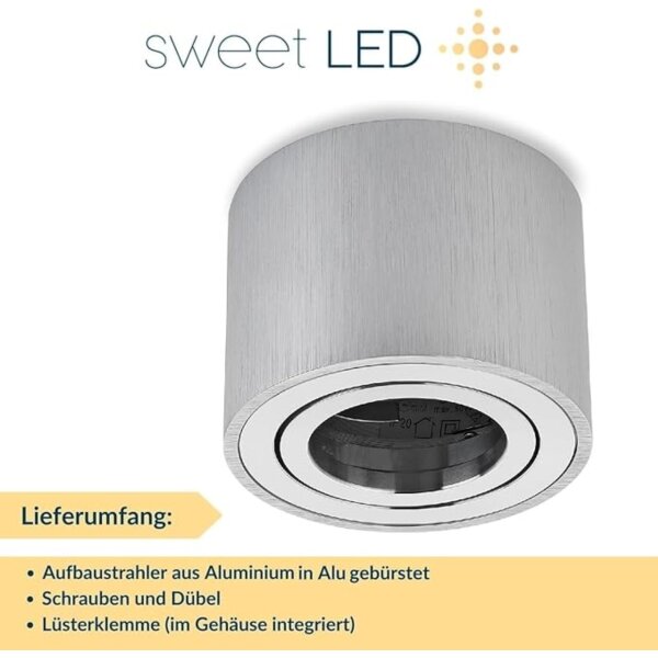 Deckenstrahler LED flach 50mm - Spot rund alu gebürstet schwenkbar - Sparpack 4er SET - 230V Aufbauspots Lochdurchmesser 80mm