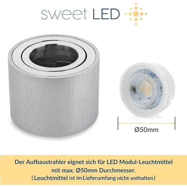 Deckenstrahler LED flach 50mm - Spot rund alu gebürstet schwenkbar - Sparpack 4er SET - 230V Aufbauspots Lochdurchmesser 80mm