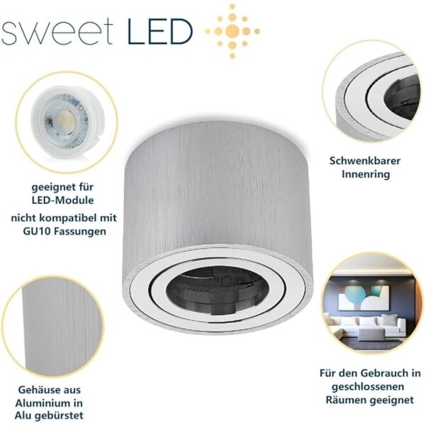 Deckenstrahler LED flach 50mm - Spot rund alu gebürstet schwenkbar - Sparpack 4er SET - 230V Aufbauspots Lochdurchmesser 80mm