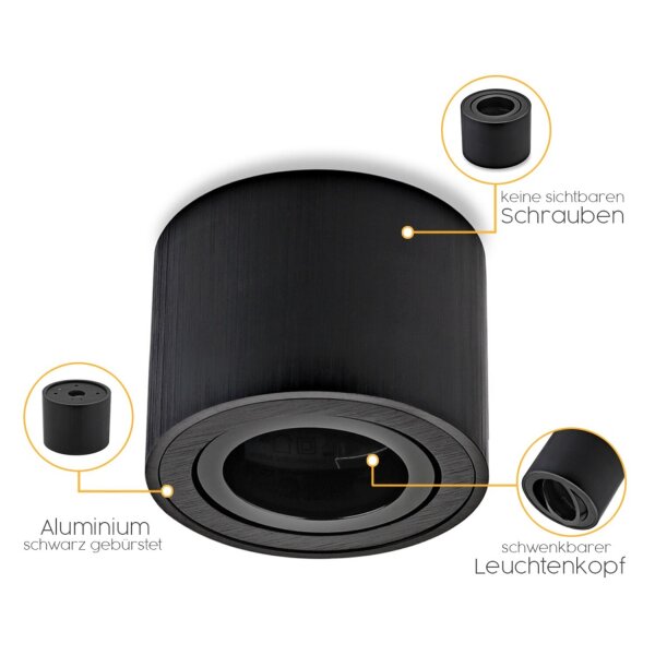 Aufbaustrahler LED flach 50mm - 230V Deckenspot rund schwarz gebürstet schwenkbar - Aufbauspot Lochmaß 80 mm - Sparpack 4er SET