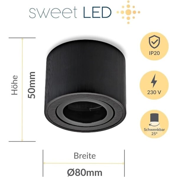 Aufbaustrahler LED flach 50mm - 230V Deckenspot rund schwarz gebürstet schwenkbar - Aufbauspot Lochmaß 80 mm - Sparpack 4er SET