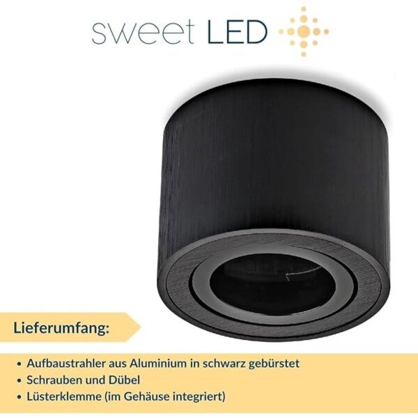Aufbaustrahler LED flach 50mm - 230V Deckenspot rund schwarz gebürstet schwenkbar - Aufbauspot Lochmaß 80 mm - Sparpack 4er SET