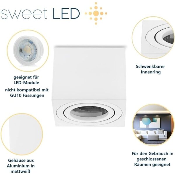 Deckenstrahler flach 50 mm Höhe - Spots Decke Led Aluminium eckig weiß matt schwenkbar - 230 Volt Abauspots IP20 - Led Deckenleuchte 4er Sparpack