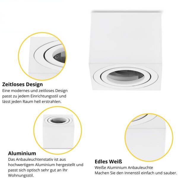 Deckenstrahler flach 50 mm Höhe - Spots Decke Led Aluminium eckig weiß matt schwenkbar - 230 Volt Abauspots IP20 - Led Deckenleuchte 4er Sparpack